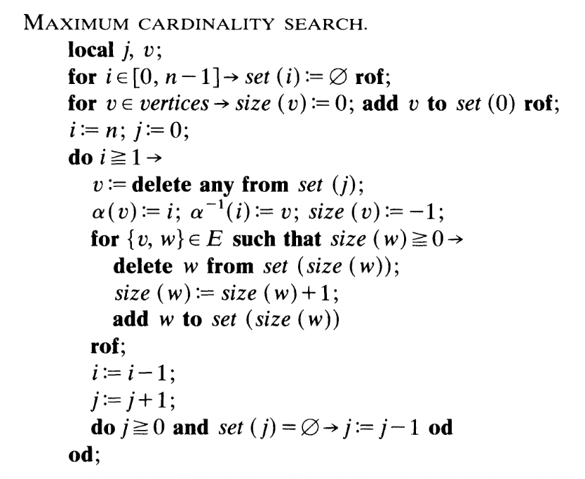 Pseudo code of Maximum Cardinality Search algorithm